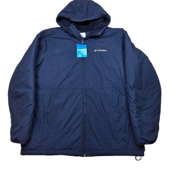 Columbia Sherpa Jacket Mens Large Navy Blue Hooded Fleece Lined Collegiate NEW - Picture 1 of 13